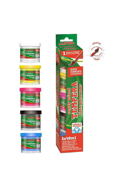 ALPİNGO Tempera lavabila, 5 culori x 40ml/cutie + pensula gratis, Alpino