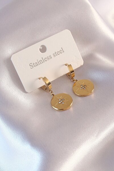 Inure Jewelry Steel Gold Color Polar Star Embroidered Zircon Stone Women's Ea...