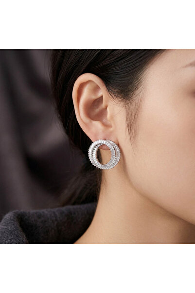 Generic Silver Tone Double Baguette Hoop Earrings – Full Sparkling Stone Pavé...