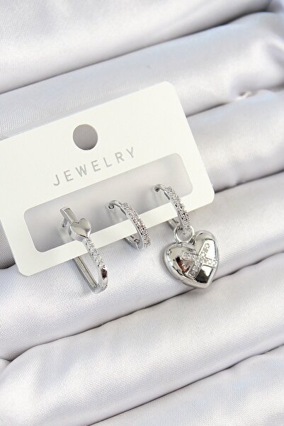 Inure Jewelry Brass Zircon Stone Heart Model Silver Color 3-Piece Double Wome...