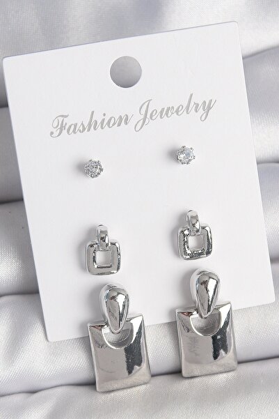 Inure Jewelry Brass Silver Color Zircon Stone Detail Dangle Square Model 3 Pa...