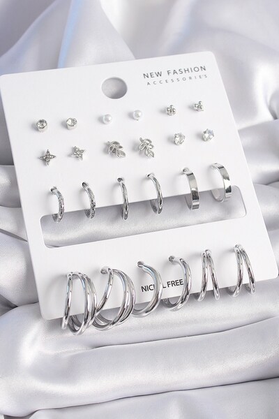 Inure Jewelry Brass Silver Color Zircon Cubic Zirconia 12 Pairs Earrings Set