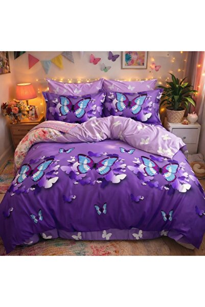 CumparaMisim Double bed linen, Finet, 6 pieces, Purple, butterflies