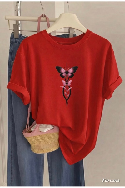 FUFLUNS TRICOU UNISEX CU GULER ROTUND, IMPRIMAT CU FRUNZE DE FLUTĂRĂNĂ, MĂRIM...