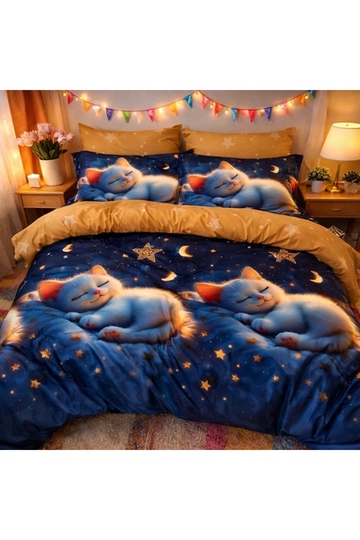 CumparaMisim Double bed linen, Finet, 6 pieces, Blue, kittens