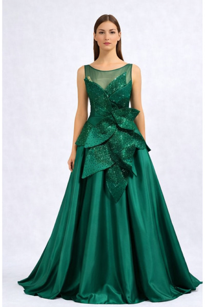 ROJBEY KADIN ABİYE BEDEN TRANSPARAN KLOŞ YAPRAK VE TAŞ DETAYLI ŞIK DAVET ELBİ...