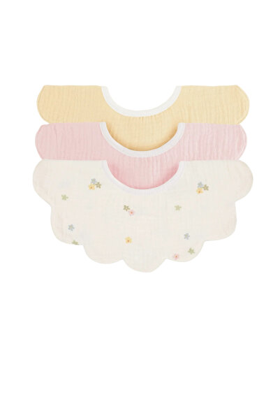 PETIT-ATELlER Soft Cotton Scalloped Baby Feeding Bib for Girls Floral Pink Ye...