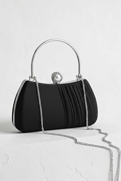 Famels Black Satin Pleated Evening Dress Bag Sleeve/ Clutch Bag Pearl Stone E...