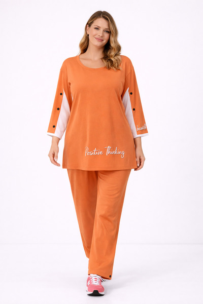 Şans Women's Plus Size Orange, Sleeve Detail ,Crew Neck Top, Pocketed High Wa...