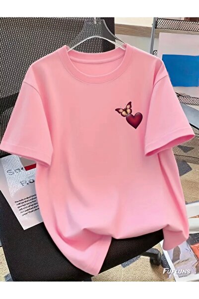 FUFLUNS Unisex Women'S/Men's Oversize Crewneck T-Shirt with Butterfly and Hea...