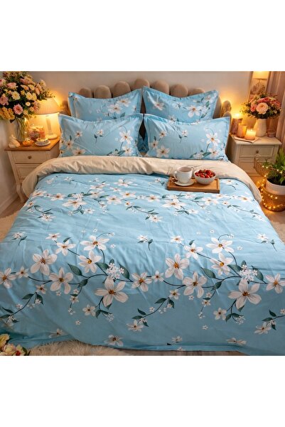 CumparaMisim Lenjerie pat dublu, Finet, 6 piese, Bleu, flori