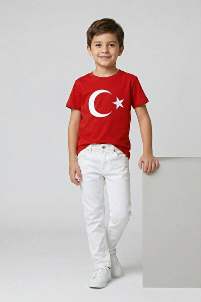 nacar çarşı Αγόρια με κόκκινο κοντομάνικο μπλουζάκι Moon Star και λευκό παντε...