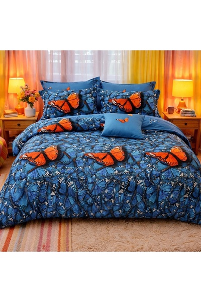 CumparaMisim Double bed linen, Finet, 6 pieces, Blue, orange butterflies