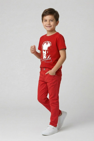 nacar çarşı Αγόρια Κόκκινο κοντομάνικο μπλουζάκι Ατατούρκ Κόκκινο παντελόνι 2...