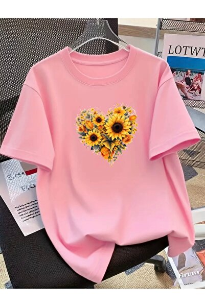 FUFLUNS Heart Printed from Flowers Unisex Women/Men Oversize Crewneck T-Shirt