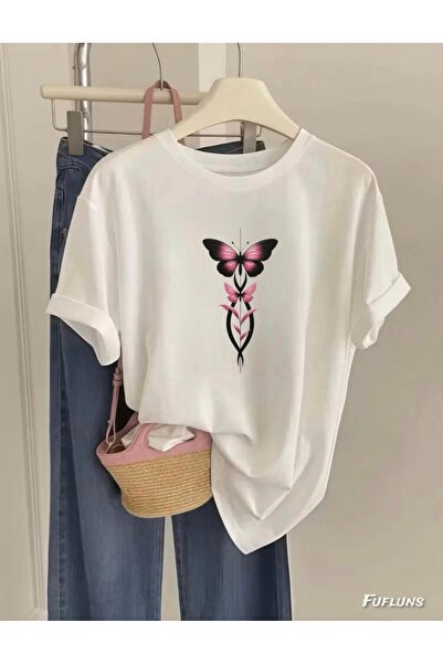 FUFLUNS تي شيرت برقبة دائرية كبير الحجم للجنسين مطبوع عليه أوراق الفراشة للنس...