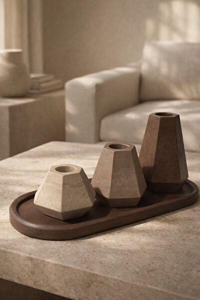 Lethe Design Geometrik Dekoratif Mumluk Seti, ŞAMDAN, 3’lü Tepsi Üzerinde El ...