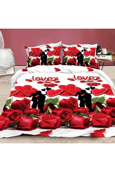 CumparaMisim Lenjerie pat dublu, cearsaf clasic, imprimeu 3D, Rosu, indragost...