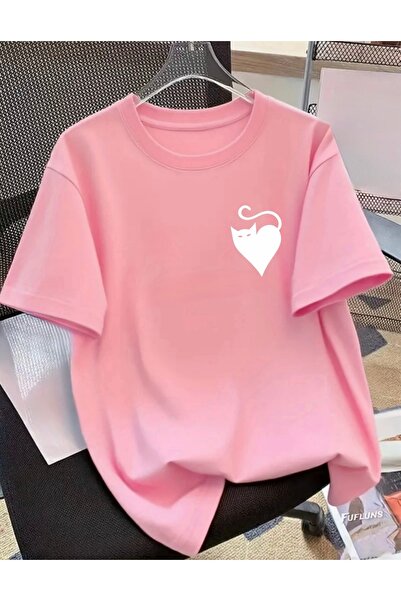 FUFLUNS Heart Cat Printed Unisex Women/Men Oversize Crewneck T-Shirt