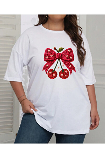 SUNFREE Ribbon Cherry Printed Large Size Oversize Cotton Women's Tshirt