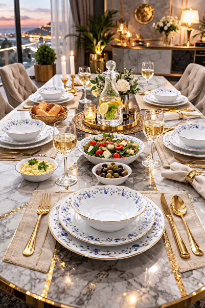 COCEM 24 Parça Yemek Seti 6 Kişilik | Porselen Tabak Kase Seti | Şık Sofra Seti