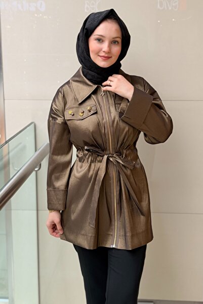 Nuss Metalik Kumaş Taş Detaylı Kuşaklı Kap