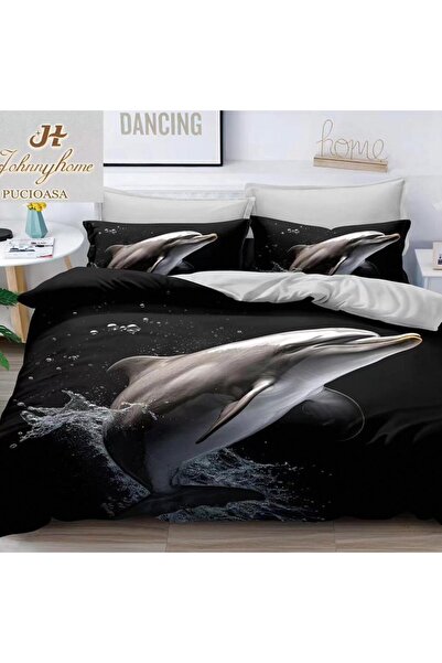 CumparaMisim Double bed linen, classic sheet, 3D print, Grey, dolphins