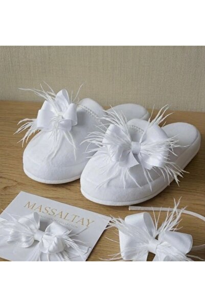 Massaltay Anne Bebek Lohusa Terlik Taç Bandana Seti Tüylü Fiyonklu Doğum Hast...