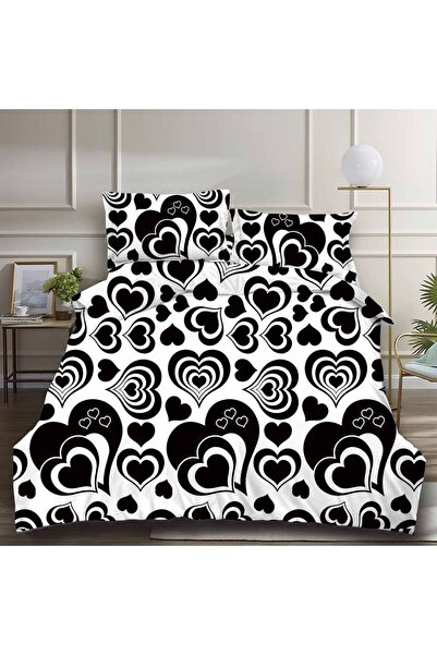 CumparaMisim Lenjerie pat dublu, cearsaf clasic, imprimeu 3D, Alb-Negru, inim...