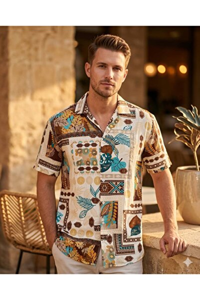 CANMODA Recien Men's Apaş Collar Ethnic Patterned Viscose Short Sleeve Shirt ...