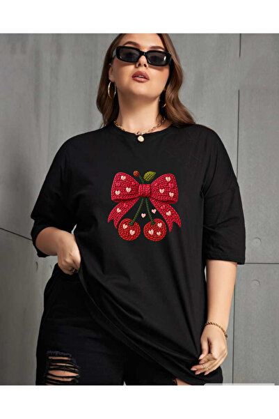 SUNFREE Ribbon Cherry Printed Large Size Oversize Cotton Women's Tshirt