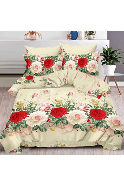 CumparaMisim Lenjerie pat dublu, cearsaf clasic, imprimeu 3D, Bej, flori