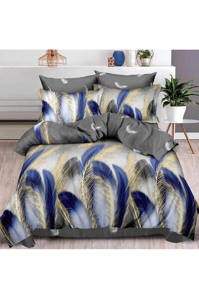 CumparaMisim Lenjerie pat dublu cu ELASTIC, Finet, 6 piese, Albastru, pene