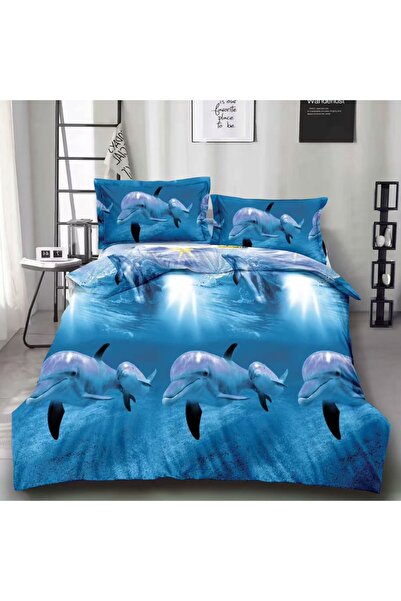 CumparaMisim Lenjerie pat dublu, cearsaf clasic, imprimeu 3D, Bleu, delfini