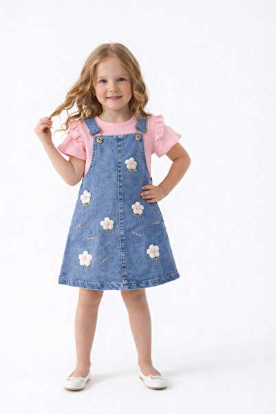 İray Girl's Floral Embroidered Denim Dress Set – Casual Stylish & Comfortable...