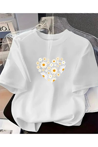 FUFLUNS تي شيرت PAPATYA مطبوع عليه قلب للجنسين مقاس كبير برقبة دائرية للنساء/...