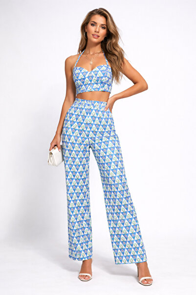 YOU Geometrik Desenli Crop Top & Yüksek Bel Pantolon Takım