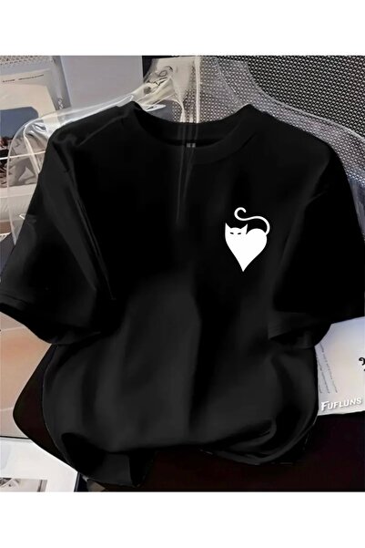 FUFLUNS Heart Cat Printed Unisex Women/Men Oversize Crewneck T-Shirt