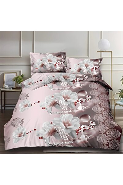 CumparaMisim Lenjerie pat dublu, cearsaf clasic, imprimeu 3D, Maro, flori