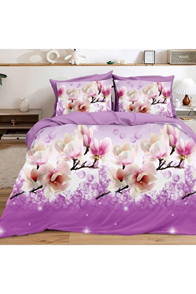 CumparaMisim Lenjerie pat dublu, cearsaf clasic, imprimeu 3D, Mov, magnolii