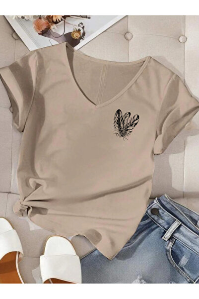 SUNFREE Feather Printed V-Neck Regular Short Sleeve Women's Summer Combed Cot...