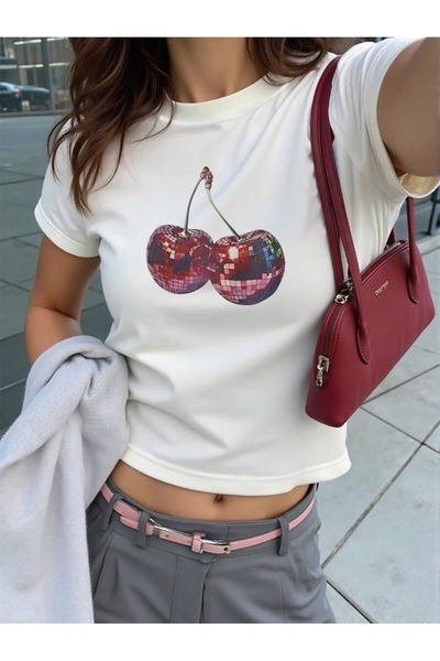 OVER HEAD Women's Disco Cherry Printed Bayb Tee Cropped