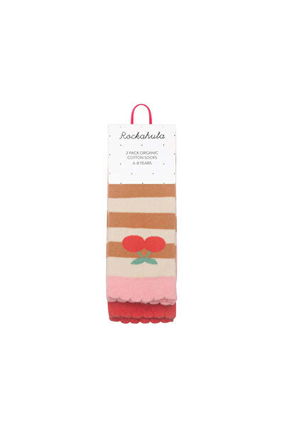 PETIT-ATELlER Female Cotton Kids Socks 2 Pack Cherry Caramel Wide Stripe Scal...