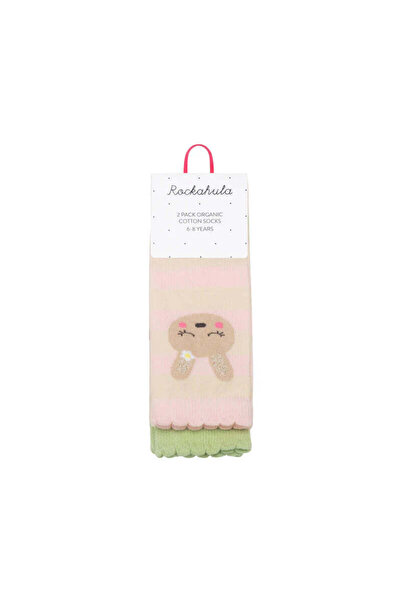 PETIT-ATELlER Female Cotton Kids Socks 2 Pack Pink Pastel Bunny Face Scallop ...