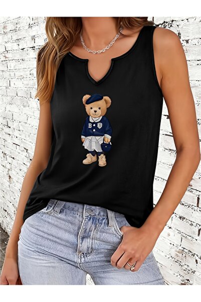 mercoledi تي شيرت نسائي من Teddy Bear مطبوع بفتحة رقبة على شكل حرف V بدون أكم...