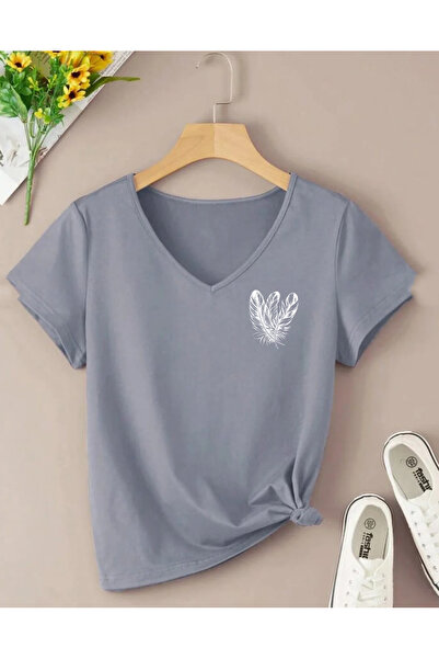 SUNFREE Feather Printed V-Neck Regular Short Sleeve Women's Summer Combed Cot...