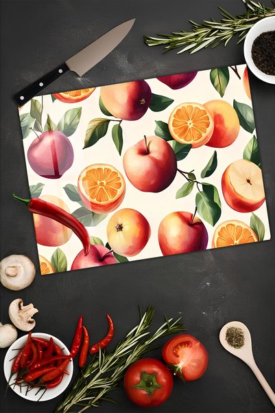 kutuTR Apple and Orange Patterned Tempered Glass Cutting Board 30X40 cm Size Uv Printing - Bckt012