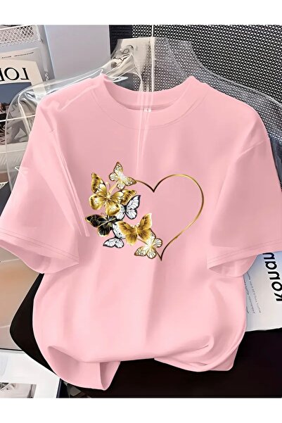 FUFLUNS Butterflies Hearts Printed Unisex Women/Men Oversized Crewneck T-Shirt