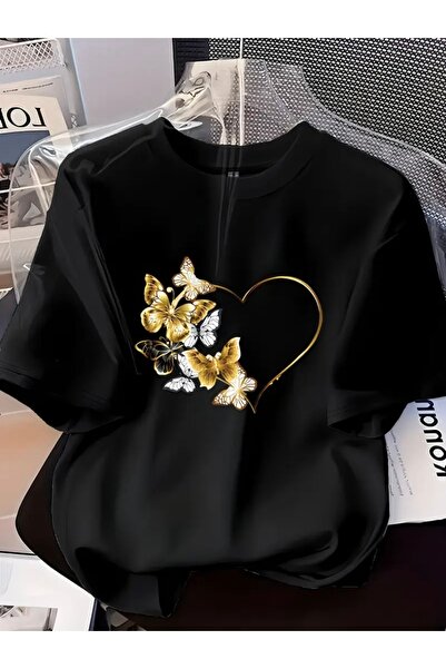 FUFLUNS Butterflies Hearts Printed Unisex Women/Men Oversized Crewneck T-Shirt