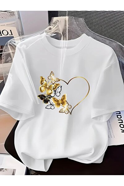 FUFLUNS Butterflies Hearts Printed Unisex Women/Men Oversized Crewneck T-Shirt